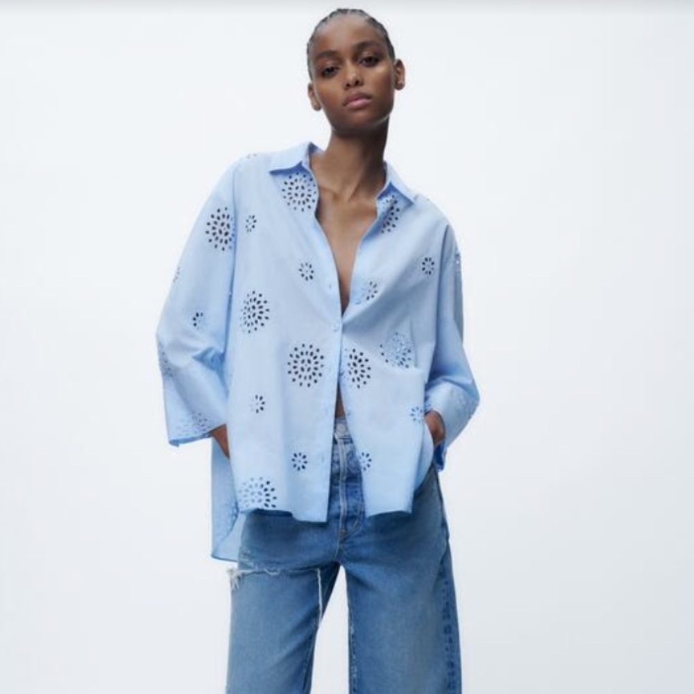 NWT Zara OPENWORK EMBROIDERY SHIRT Size L